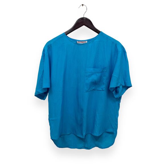 VTG Teal Silky Boxy Short Sleeve Blouse Size Small - Picture 1 of 5